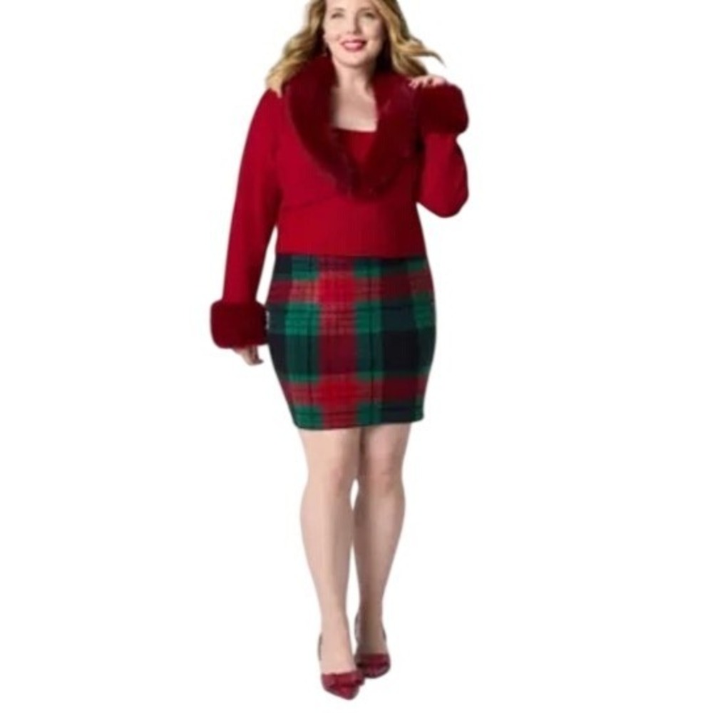 Johnny Wujek Womens Plus Plaid A-Line Mini Skirt Red Green Black Holiday Large - Picture 5 of 6